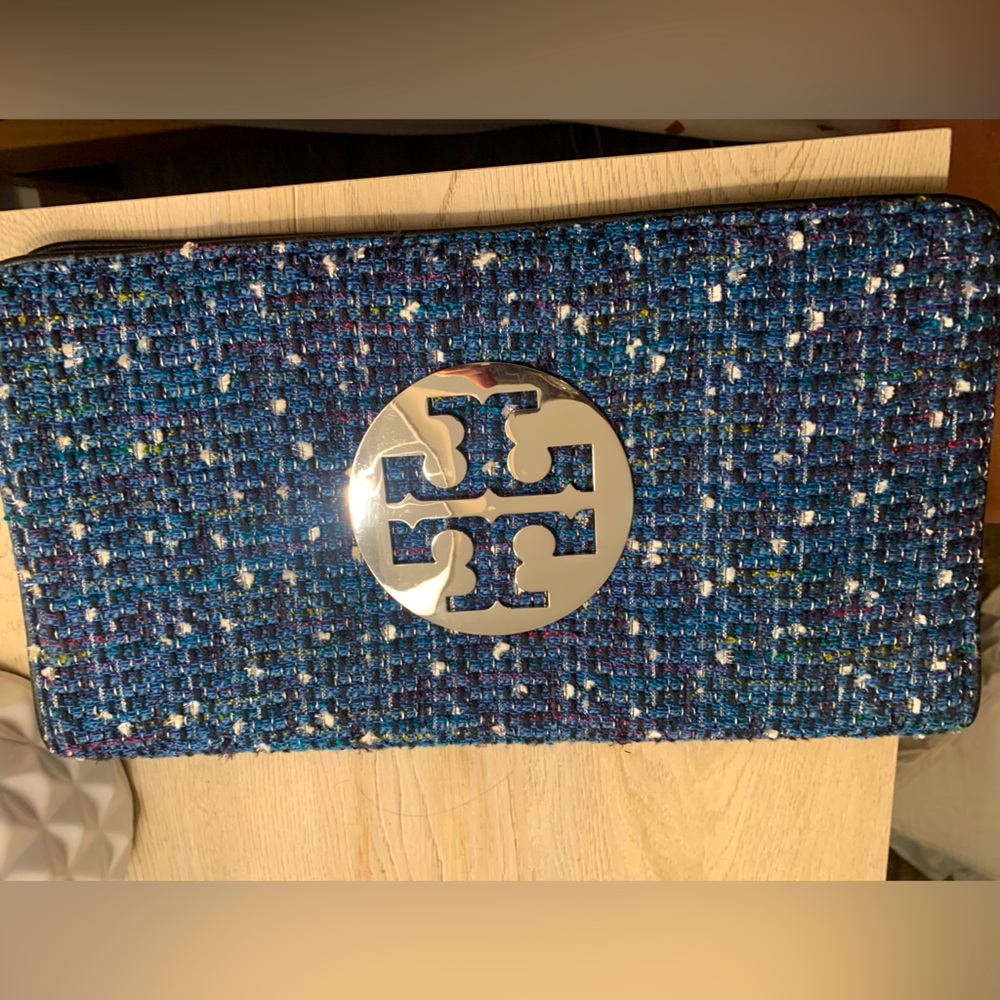 Tory Burch blue tweed clutch